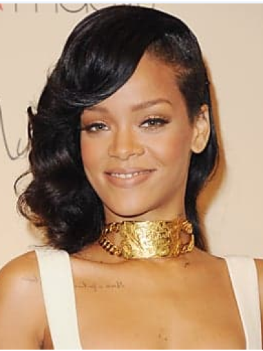 Perruques Rihanna Avec Frange 14" Noire Ondulé Longueur d’Epaule