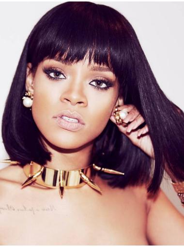 Perruques Rihanna Avec Frange 12" Noire Lisse Longueur d’Epaule